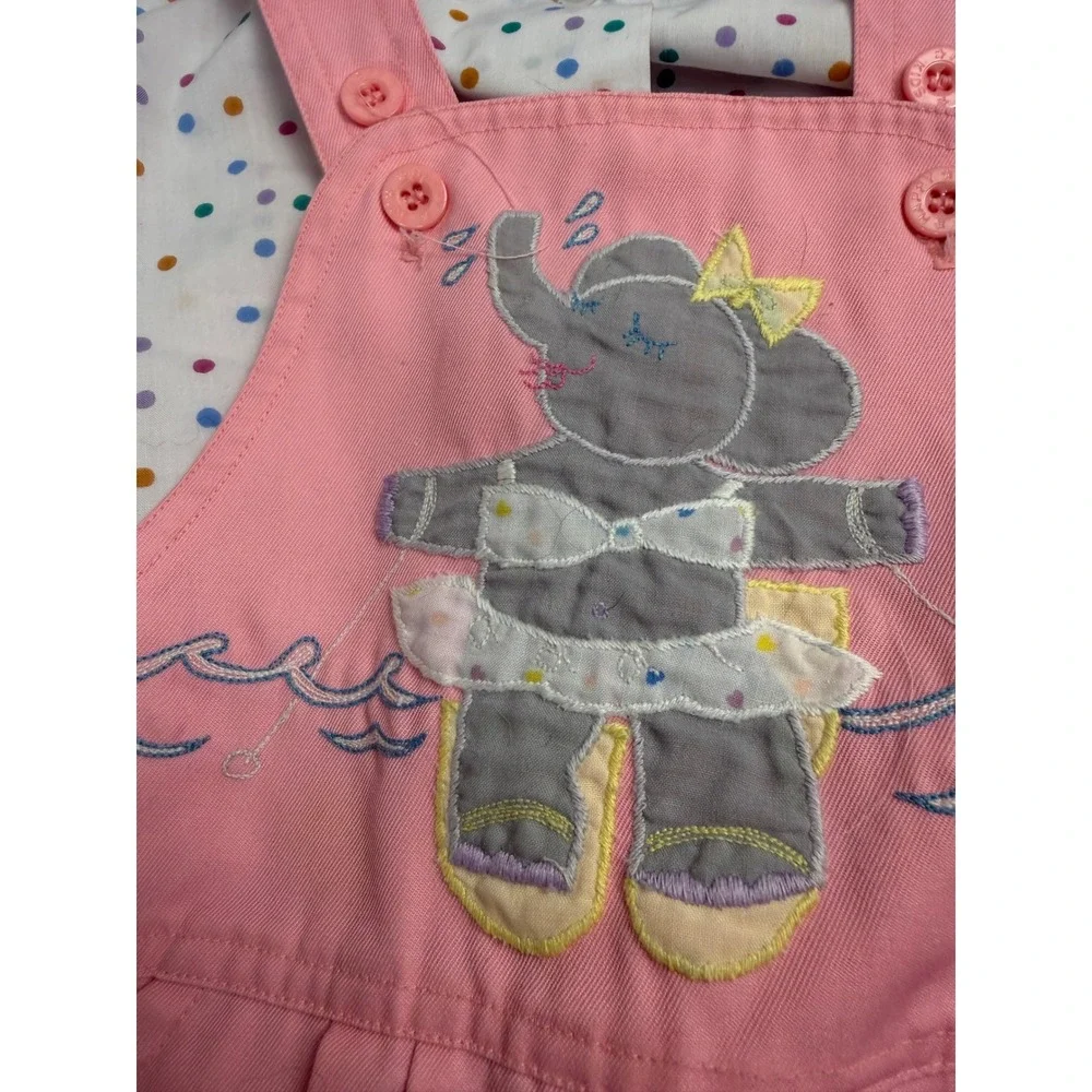 Vintage Happy Kids Pink Overalls Polka Dot Shirt Set 2T Elephant Sun Surf AB-126